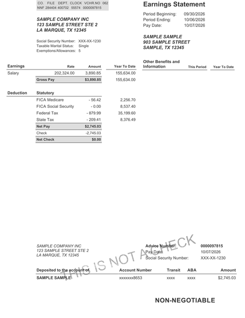 Example Paystubs Studio earnings statement and payment advice PDF layout